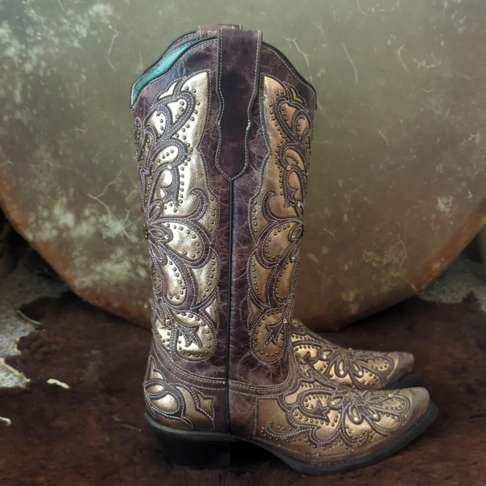 CORRAL E1594 distressed brown leather snip toe cowgirl boots metallic inlay sz 8 - Picture 8 of 16